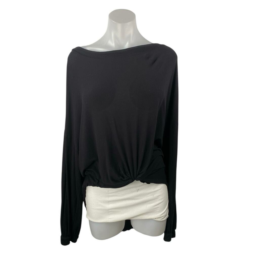 Free People Women's Black Long Sleeve Open Back Tunic Boat Neck Blouse Top Sz M